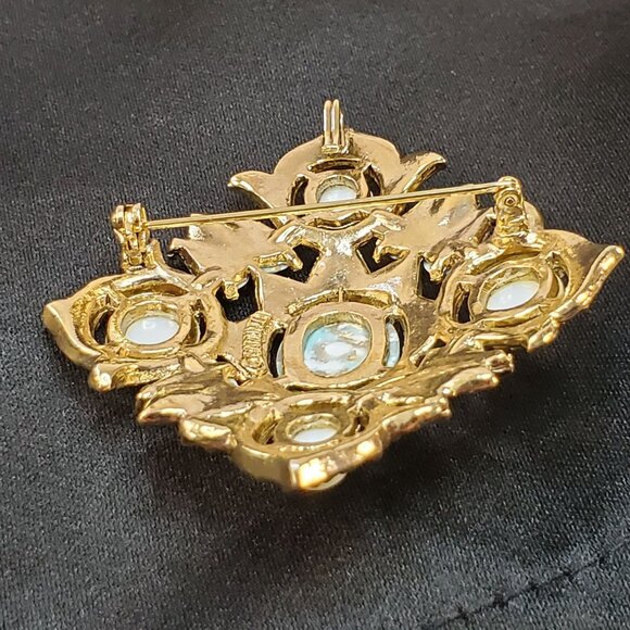 Vintage Sarah Coventry Brooch Pendant Gold With Faux Pearl & Turquoise Stones - Picture 4 of 12